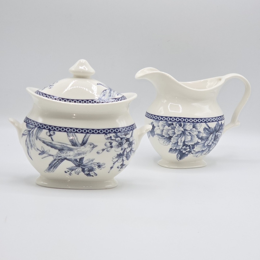 222 Fifth Adelaide Blue Fine China Creamer & Sugar Bowl Set Birds Flowers Print